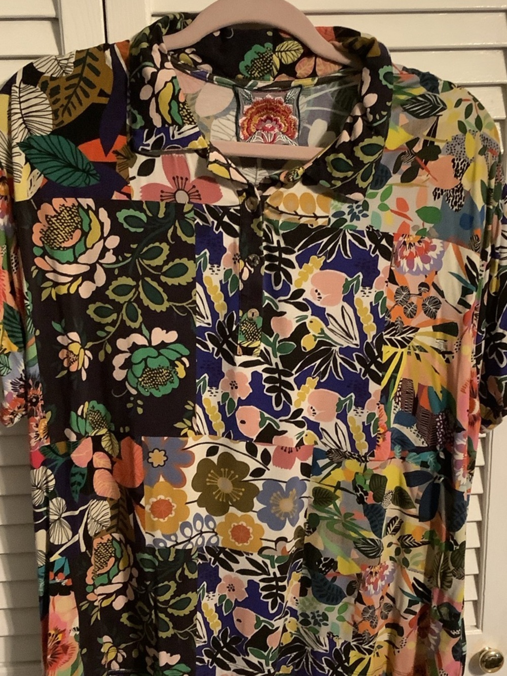 Johnny Was Multicolor Floral Patchwork Polo Top